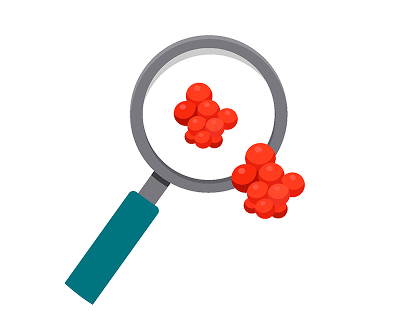 Icon of magnifying glass focused on a cluster of cancer cells